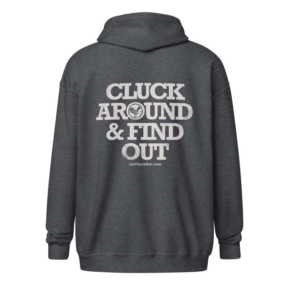
                  
                    CLUCK AROUND & FIND OUT | all genders zippered hoodie (3rd party fulfillment) - My Cluck Hut
                  
                